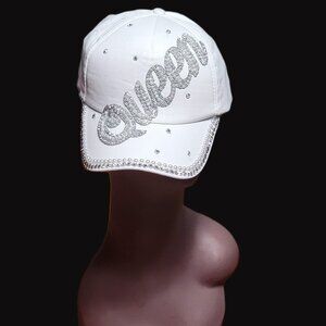White Rhinestone Queen Cap with Rhinestones, Pearls and Glitter